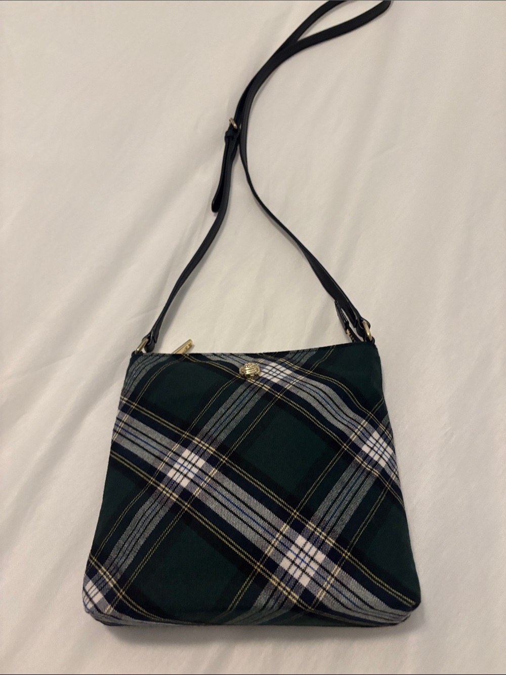 VTG Talbots Green Watch tartan plaid crossbody purse wool blend leather trim